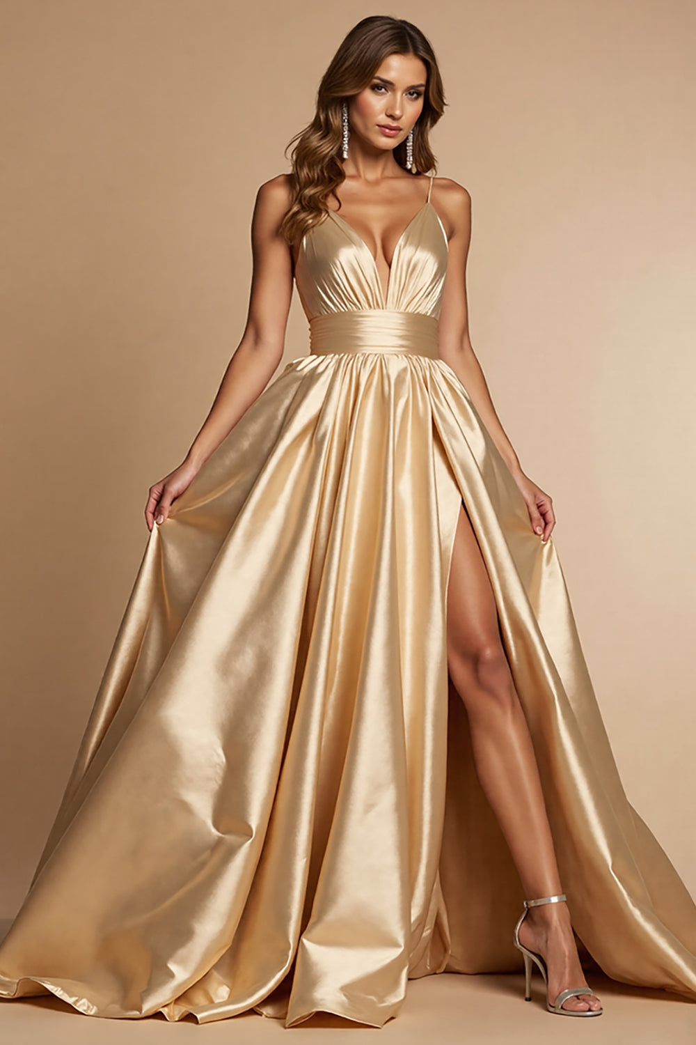 Golden A Line V Neck Long Prom Dress With Slit