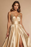 Golden A Line V Neck Long Prom Dress With Slit