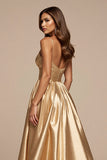 Golden A Line V Neck Long Prom Dress With Slit