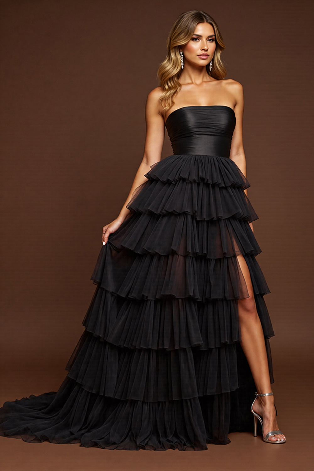 Black Tiered A Line Strapless Prom Dress With Slit
