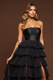 Black Tiered A Line Strapless Prom Dress With Slit