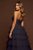 Black Tiered A Line Strapless Prom Dress With Slit