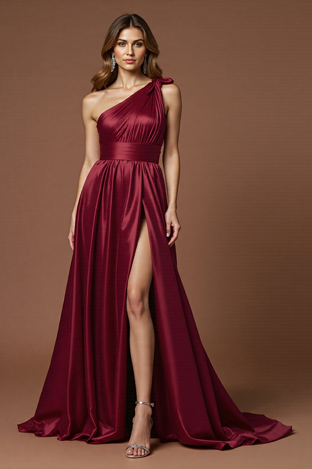 One Shoulder Burgundy A Line Long Prom Dress With Slit