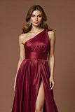 One Shoulder Burgundy A Line Long Prom Dress With Slit