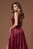 One Shoulder Burgundy A Line Long Prom Dress With Slit