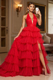 Halter Tiered Long Red Prom Dress With Slit