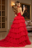 Halter Tiered Long Red Prom Dress With Slit