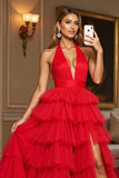 Halter Tiered Long Red Prom Dress With Slit