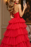 Halter Tiered Long Red Prom Dress With Slit
