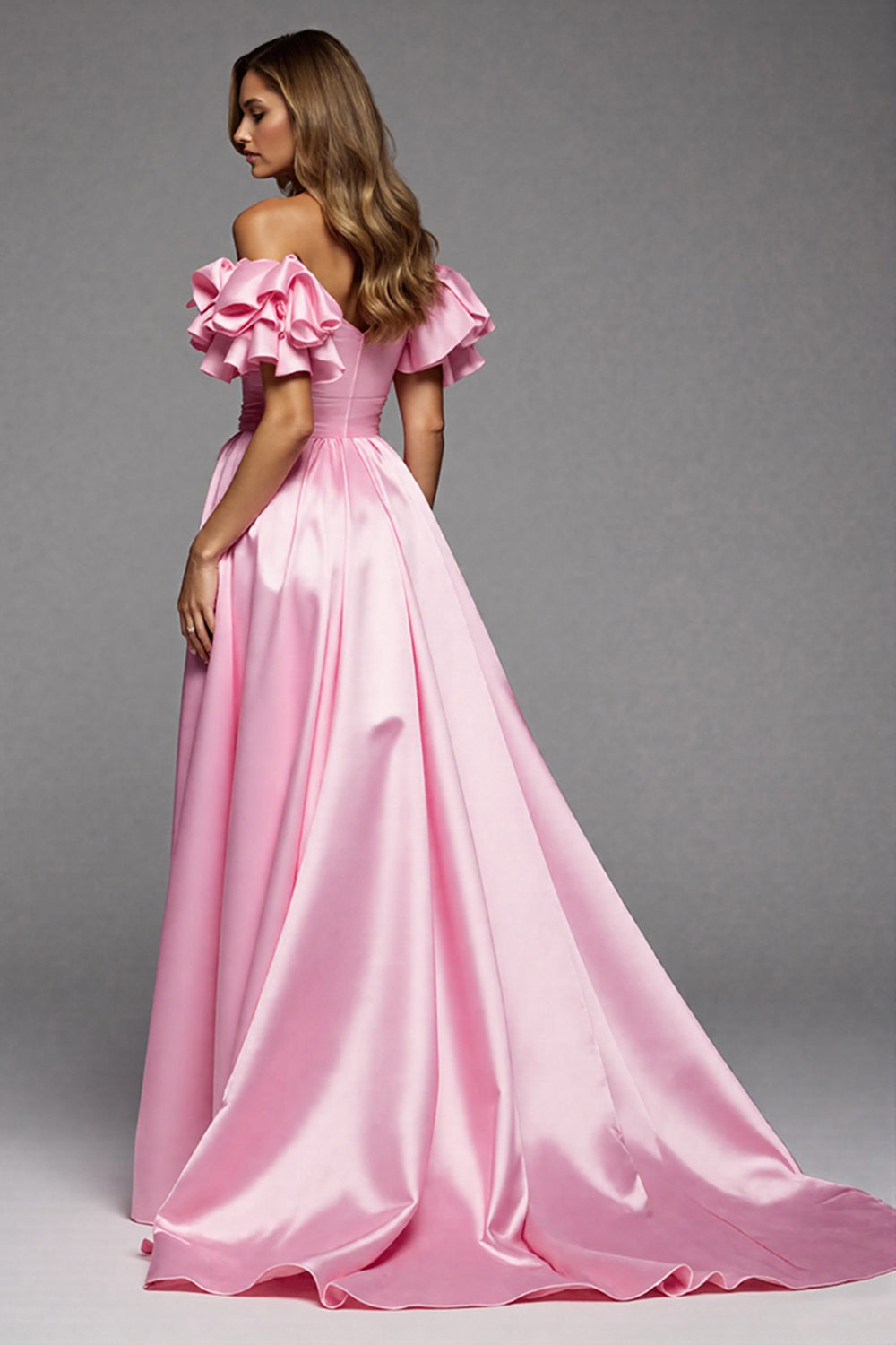 Off The Shoulder Ruffled A Line Pink Prom Dress
