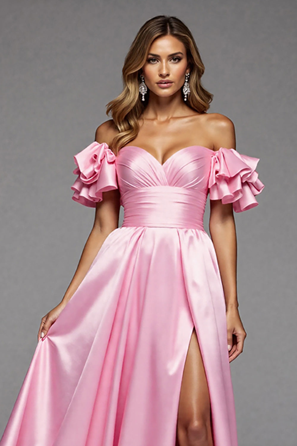Off The Shoulder Ruffled A Line Pink Prom Dress
