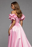 Off The Shoulder Ruffled A Line Pink Prom Dress