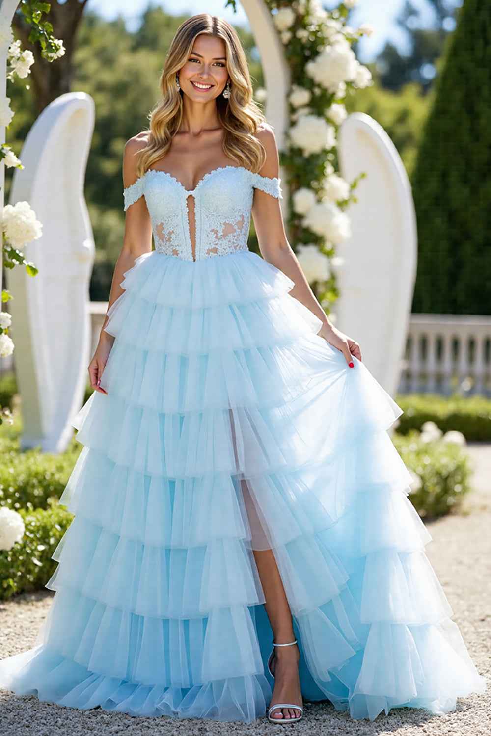 Off The Shoulder Appliqued Long Blue Prom Dress With Slit
