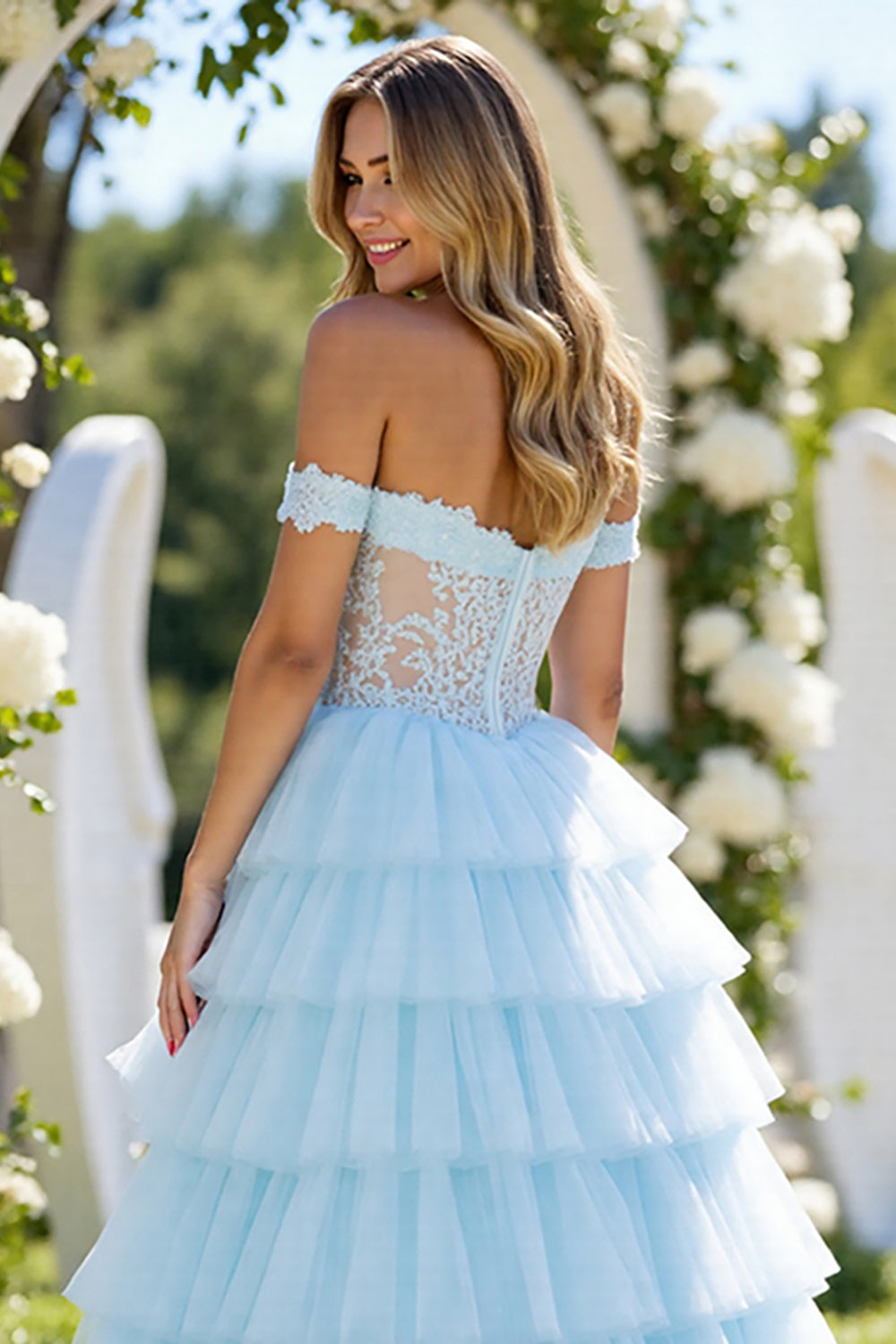 Off The Shoulder Appliqued Long Blue Prom Dress With Slit