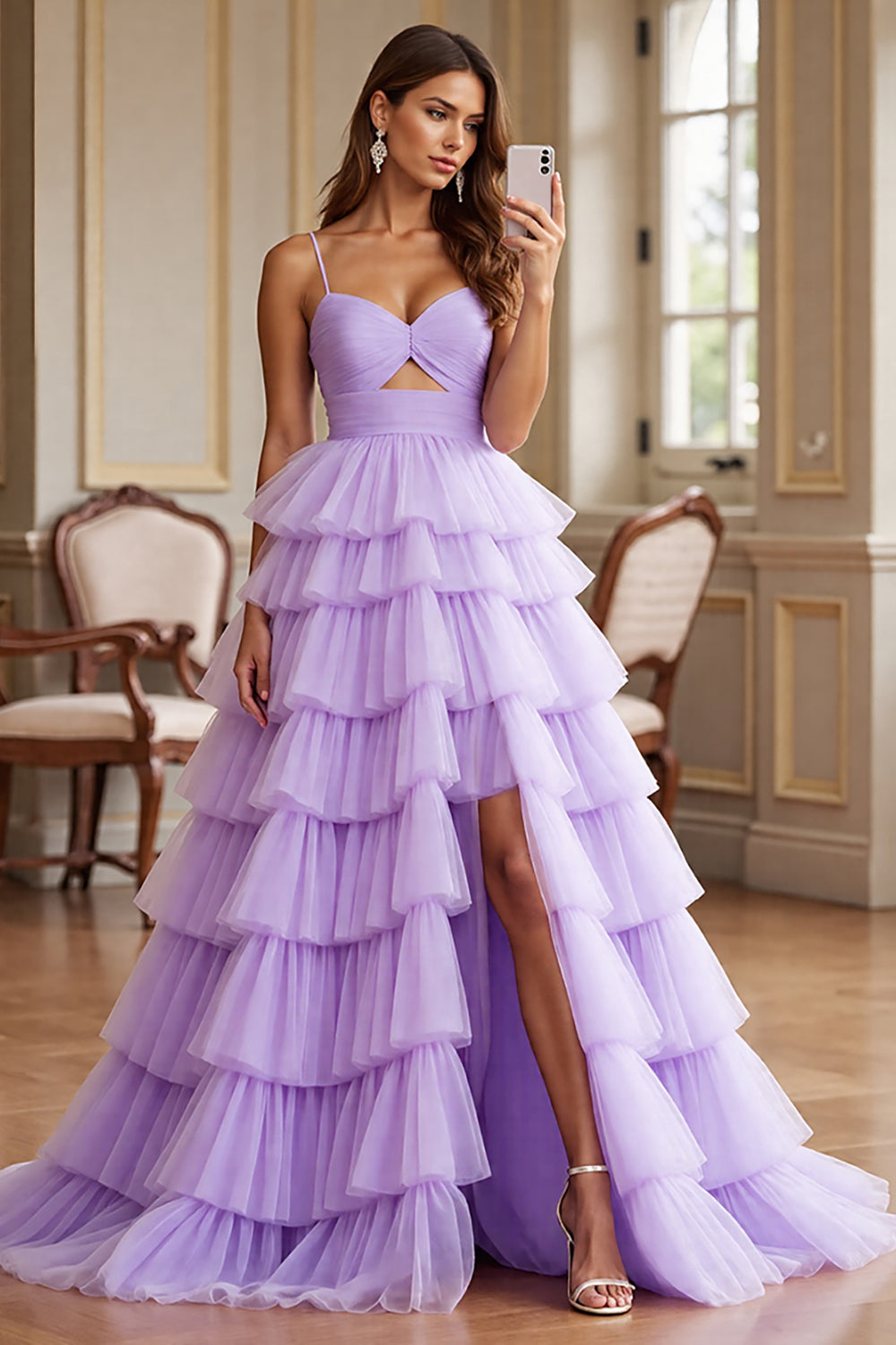 Tiered Spaghetti Straps Purple Prom Dress With Slit
