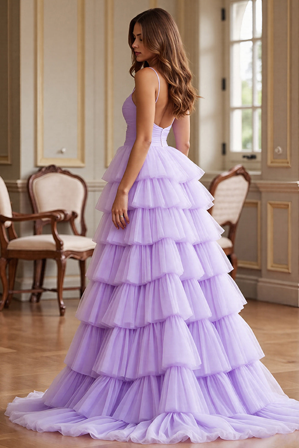 Tiered Spaghetti Straps Purple Prom Dress With Slit