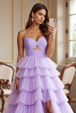 Tiered Spaghetti Straps Purple Prom Dress With Slit