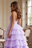 Tiered Spaghetti Straps Purple Prom Dress With Slit