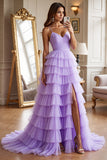 Purple A Line Tiered Long Prom Dress With Slit