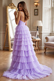 Purple A Line Tiered Long Prom Dress With Slit