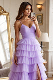 Purple A Line Tiered Long Prom Dress With Slit
