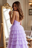 Purple A Line Tiered Long Prom Dress With Slit