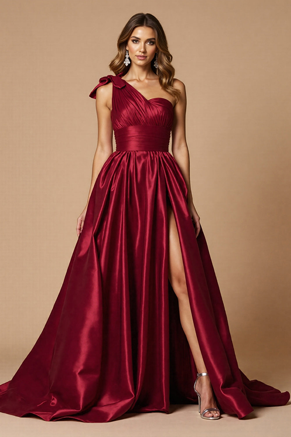 Burgundy One Shoulder Long Prom Dress