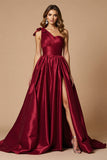 Burgundy One Shoulder Long Prom Dress