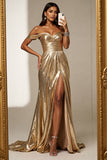 Off The Shoulder A Line Long Golden Prom Dress