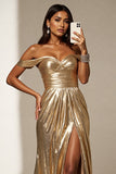 Off The Shoulder A Line Long Golden Prom Dress