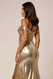 Off The Shoulder A Line Long Golden Prom Dress