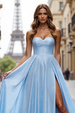 Blue A Line Sweetheart Long Prom Dress With Slit