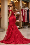 Cold Shoulder Red Mermaid Appliqued Prom Dress