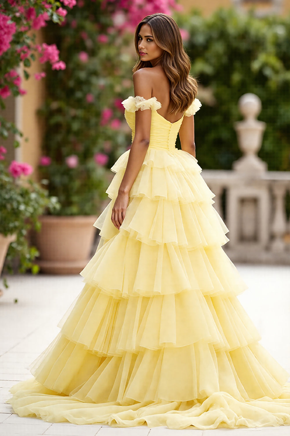 Yellow Off The Shoulder Tiered Prom Dress With Slit