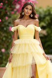 Yellow Off The Shoulder Tiered Prom Dress With Slit