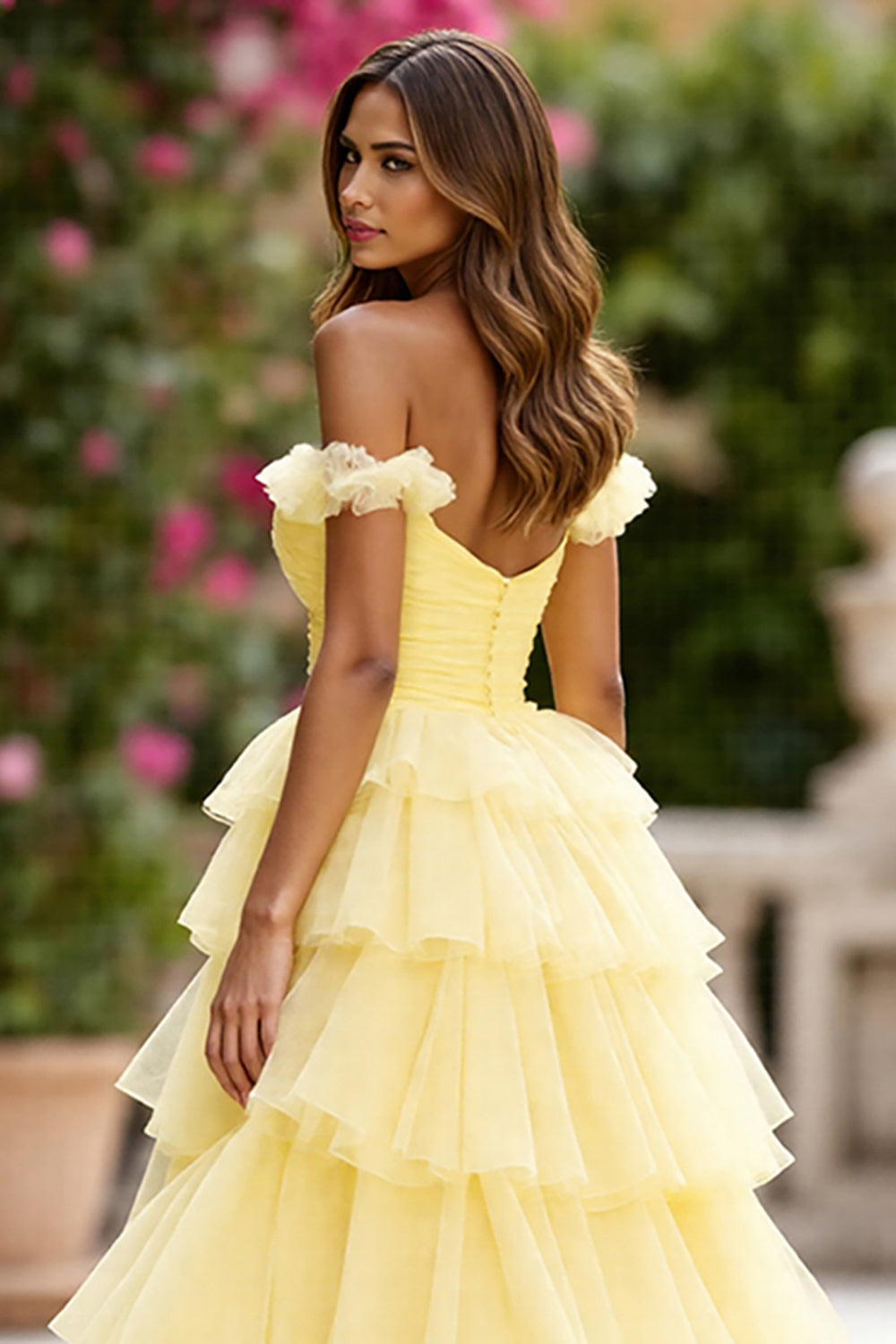 Yellow Off The Shoulder Tiered Prom Dress With Slit