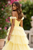 Yellow Off The Shoulder Tiered Prom Dress With Slit