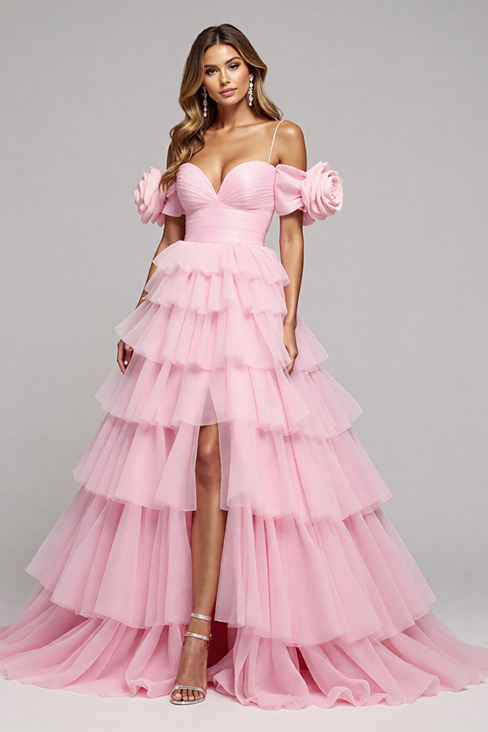Cold Shoulder Pink A Line Prom Dress With Slit