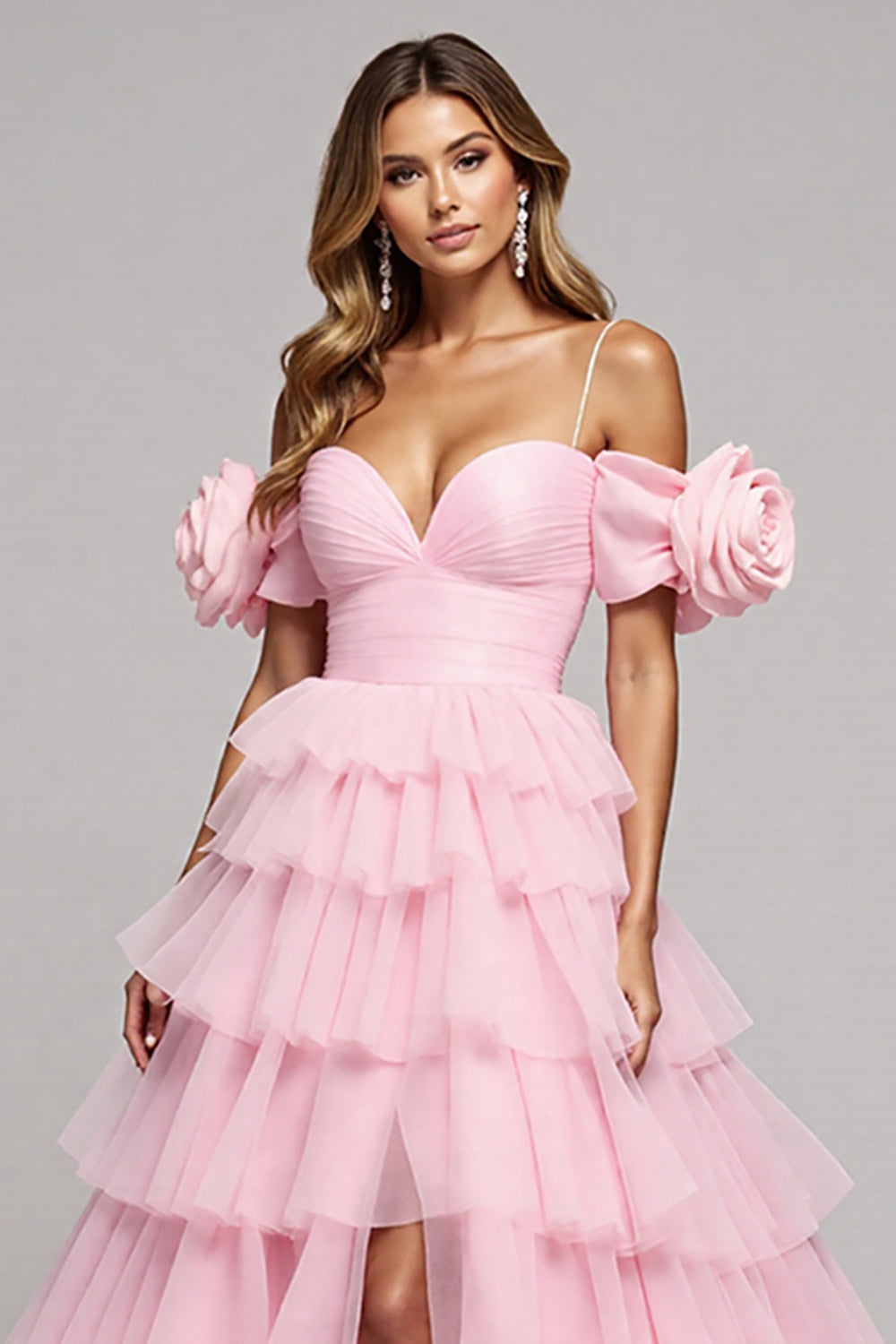 Cold Shoulder Pink A Line Prom Dress With Slit