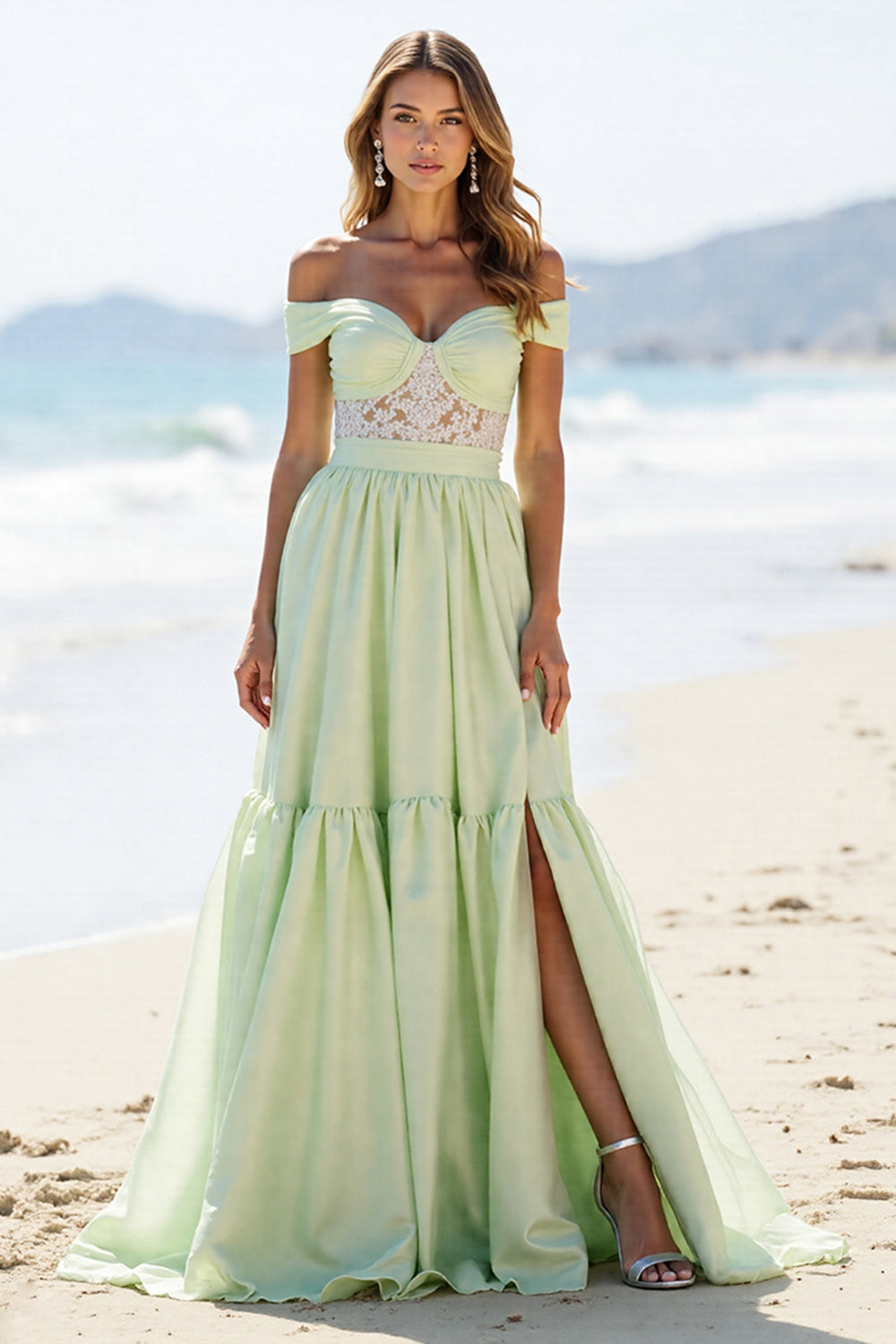 Green Off The Shoulder Appliqued Long Prom Dress With Slit