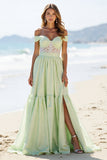 Green Off The Shoulder Appliqued Long Prom Dress With Slit