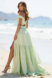 Green Off The Shoulder Appliqued Long Prom Dress With Slit