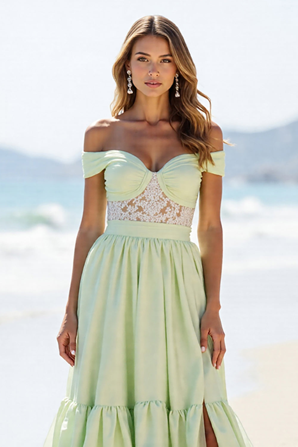 Green Off The Shoulder Appliqued Long Prom Dress With Slit
