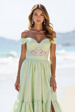 Green Off The Shoulder Appliqued Long Prom Dress With Slit