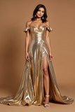 Golden Off The Shoulder Long Prom Dress