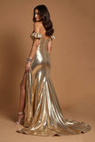 Golden Off The Shoulder Long Prom Dress