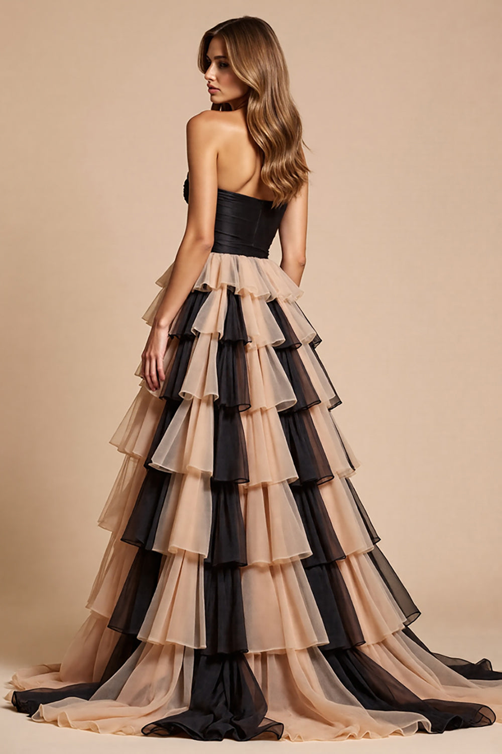 Black Pink A Line Strapless Tiered Prom Dress