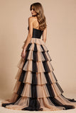 Black Pink A Line Strapless Tiered Prom Dress