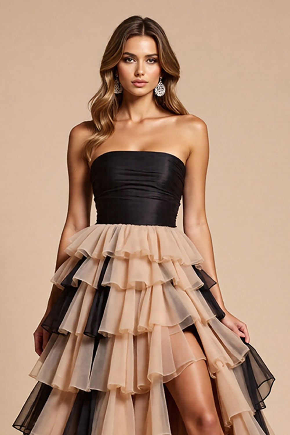 Black Pink A Line Strapless Tiered Prom Dress