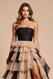 Black Pink A Line Strapless Tiered Prom Dress